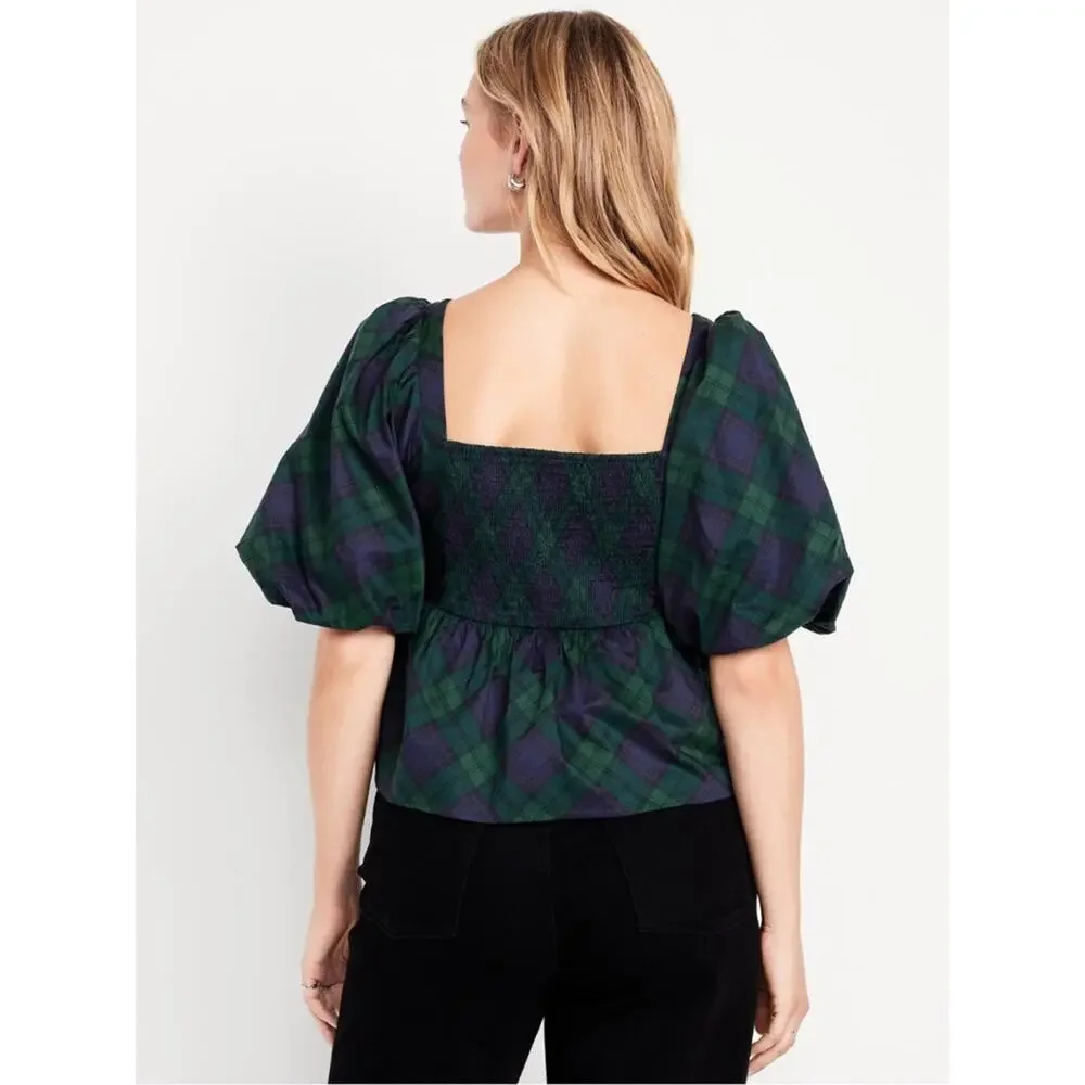 Old Navy green plaid Puff-Sleeve Plaid Poplin Peplum Top